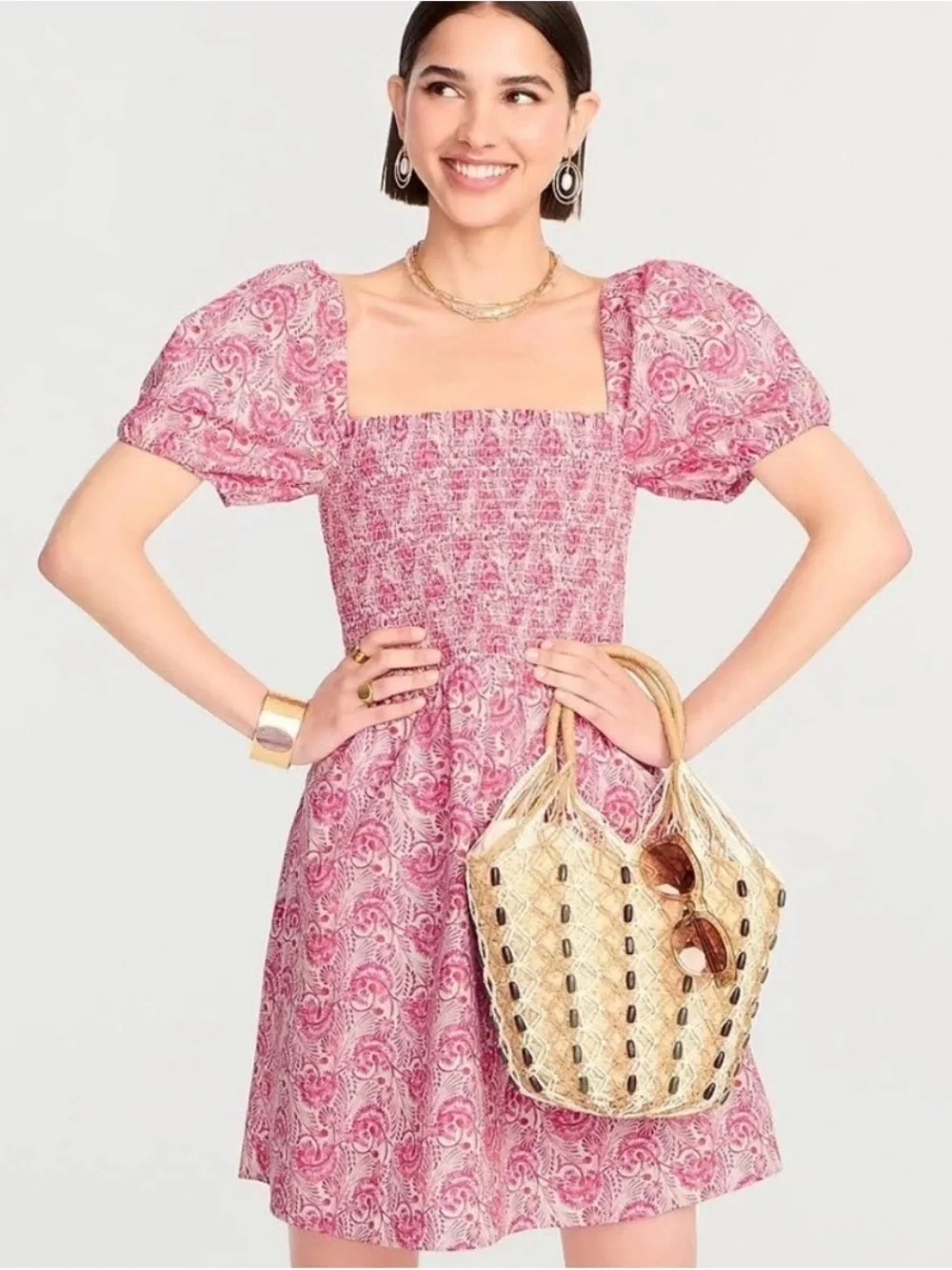 J.Crew Dandelion Swirl Puff Sleeve Smocked Mini Dress Pink Small